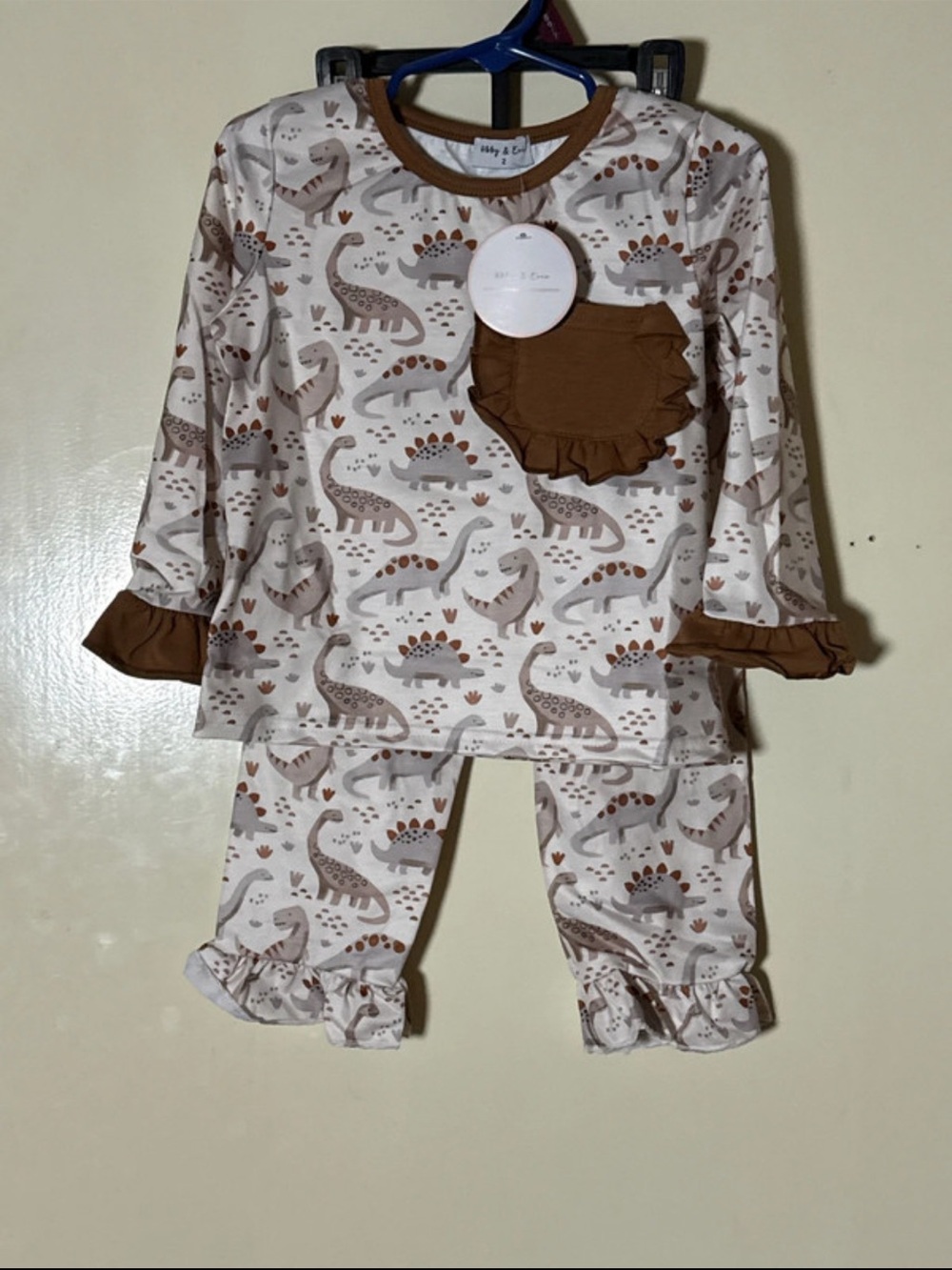 Girls' Cream & Brown Dinosaur Ruffle Pajama Set